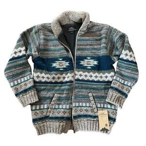 NWT LOST HORIZONS Cowichan Sweater Mens XXL 100% Wool Zip Fleece Blue Mateo Knit